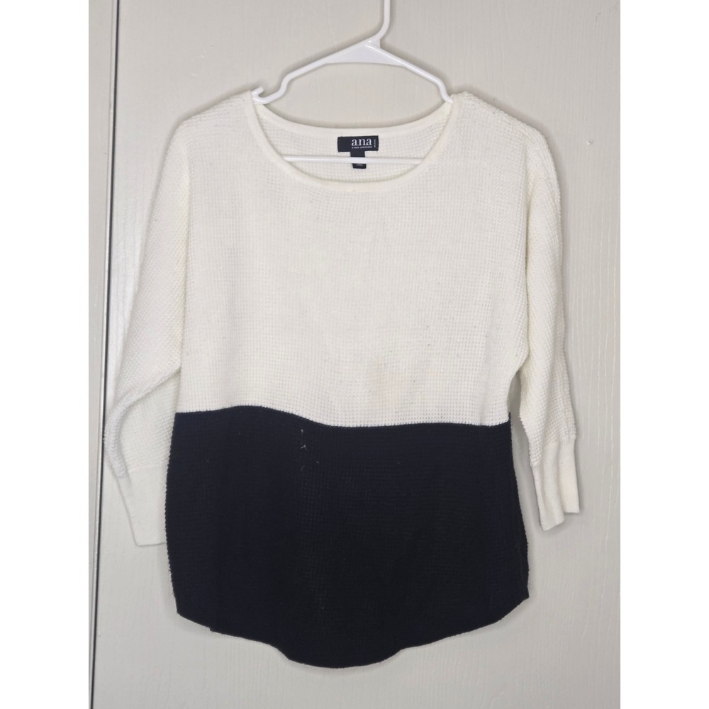 ANA A New Approach Womens Petite PM Colorblock Waffle Knit Sweater Cream Black